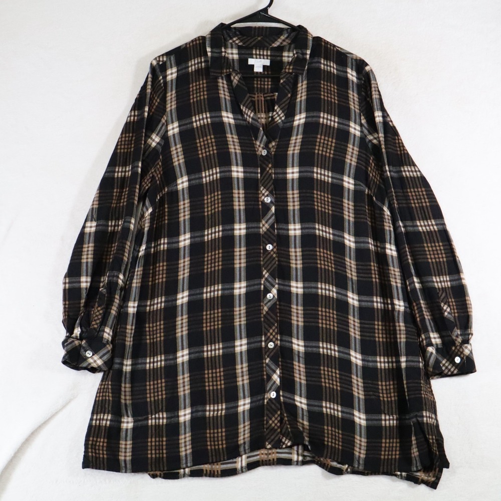J.Jill Womens L Black Tan Plaid Flannel Tunic Shirt Long Sleeve Button Down